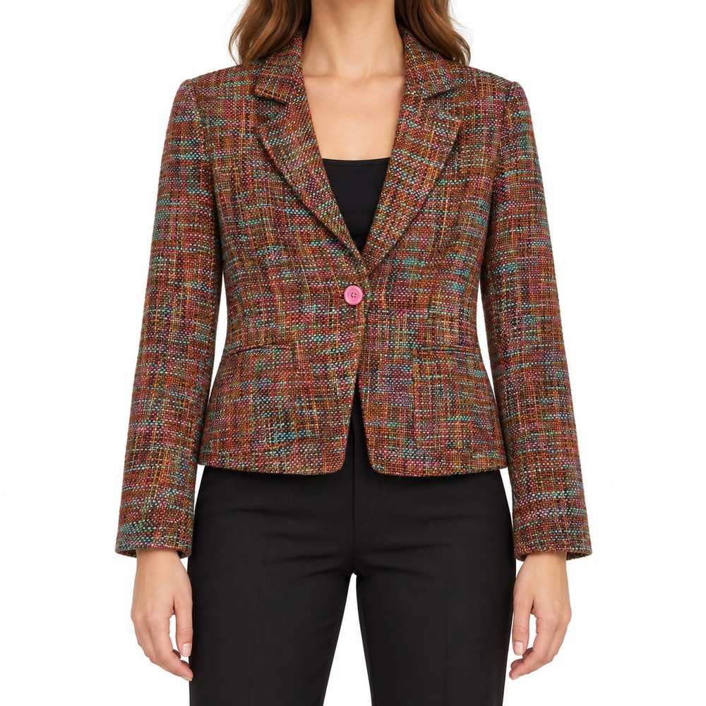 Studio C Multicolor Tweed Blazer Women's 12 Pink Button Lined Career Jacket